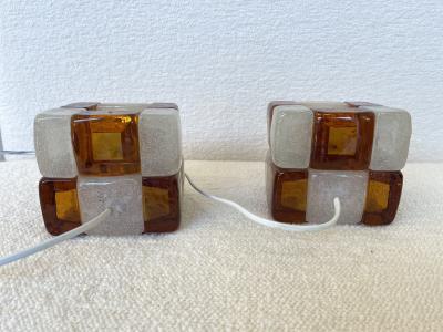  Poliarte Pair of Amber Glass Cube Lamps Italy 1970s