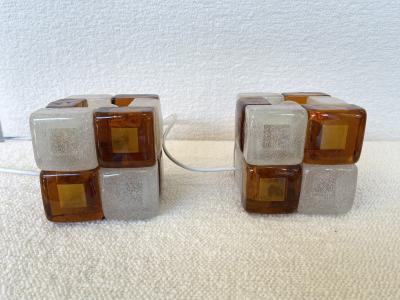  Poliarte Pair of Amber Glass Cube Lamps Italy 1970s
