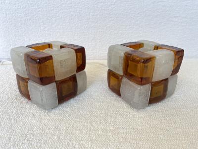  Poliarte Pair of Amber Glass Cube Lamps Italy 1970s
