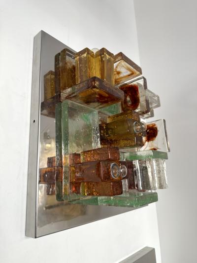  Poliarte Pair of Geometry Glass Construction Metal Sconces by Poliarte Italy 1970s