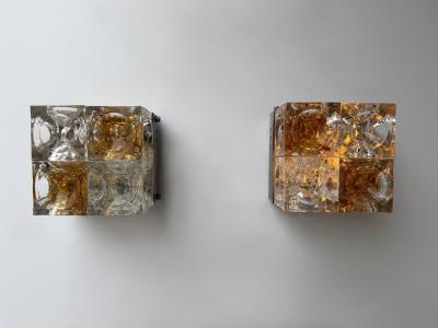  Poliarte Pair of Glass Cube Square Metal Sconces by Poliarte Italy 1970s