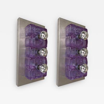  Poliarte Pair of Glass Cube and Stainless Steel Sconces by Poliarte Italy 1970s