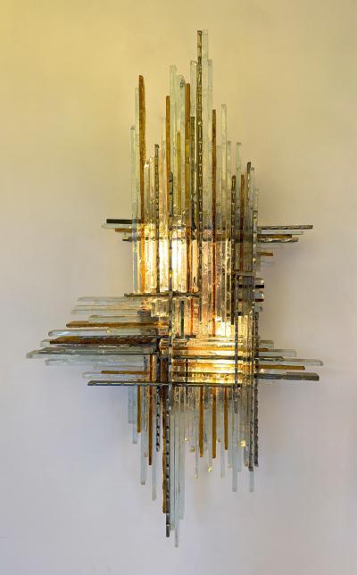  Poliarte Pair of Hammered Glass Wrought Iron Sconces by Biancardi Italy 1970s