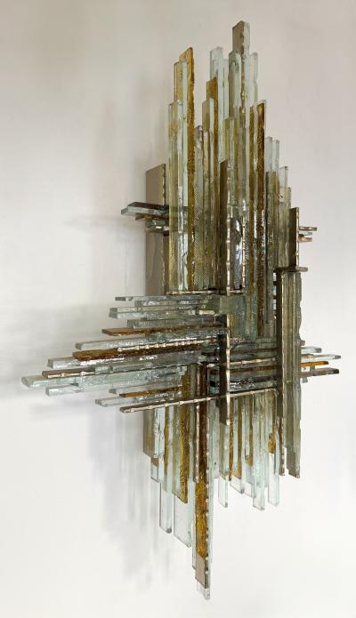  Poliarte Pair of Hammered Glass Wrought Iron Sconces by Biancardi Italy 1970s