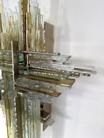  Poliarte Pair of Hammered Glass Wrought Iron Sconces by Biancardi Italy 1970s