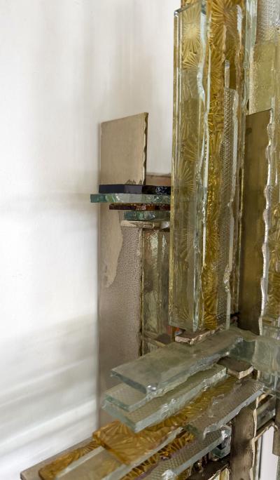  Poliarte Pair of Hammered Glass Wrought Iron Sconces by Biancardi Italy 1970s