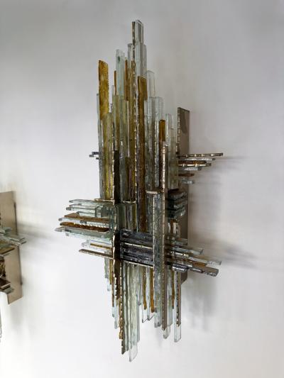  Poliarte Pair of Hammered Glass Wrought Iron Sconces by Biancardi Italy 1970s