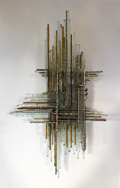  Poliarte Pair of Hammered Glass Wrought Iron Sconces by Biancardi Italy 1970s