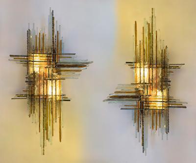  Poliarte Pair of Hammered Glass Wrought Iron Sconces by Biancardi Italy 1970s