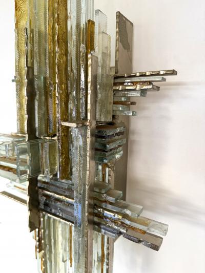  Poliarte Pair of Hammered Glass Wrought Iron Sconces by Biancardi Italy 1970s