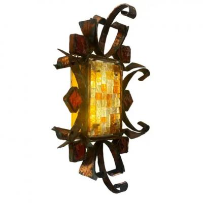  Poliarte Poliarte Exceptional Hammered Murano Glass Wrought Iron Sconce 1960s