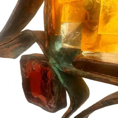  Poliarte Poliarte Exceptional Hammered Murano Glass Wrought Iron Sconce 1960s