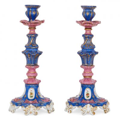  Popov Manufactory Pair of antique Rococo style Russian porcelain candlesticks
