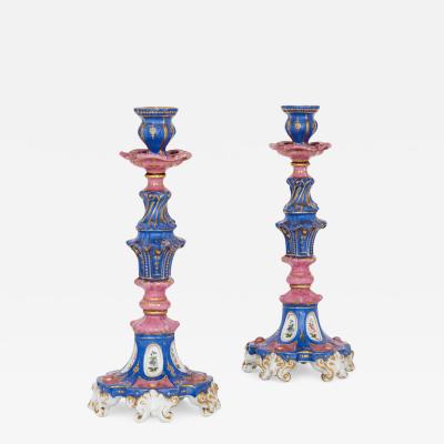  Popov Manufactory Pair of antique Rococo style Russian porcelain candlesticks