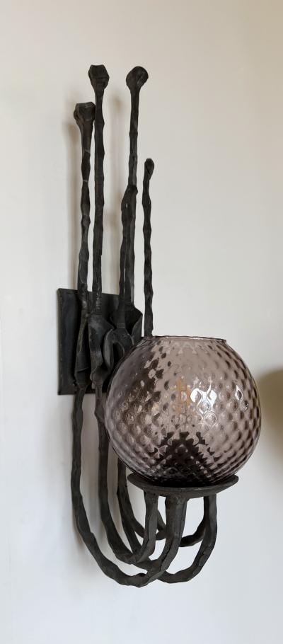  Pozzebon Pair of Wrought Iron and Glass Sconces by Pozzebon Italy 1970s