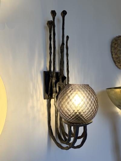  Pozzebon Pair of Wrought Iron and Glass Sconces by Pozzebon Italy 1970s