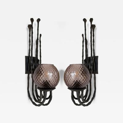 Pozzebon Pair of Wrought Iron and Glass Sconces by Pozzebon Italy 1970s
