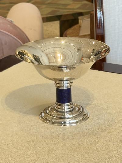  Puiforcat Puiforcat Art Deco Silver Tazza with Cobalt Blue Enamel Column France c 1930s