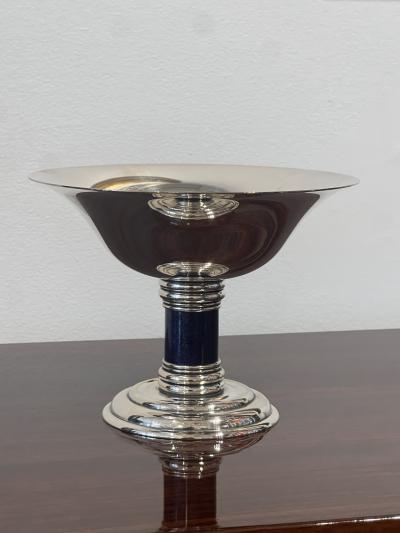  Puiforcat Puiforcat Art Deco Silver Tazza with Cobalt Blue Enamel Column France c 1930s