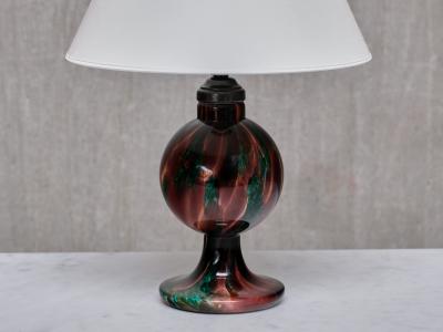  Pukeberg Pukebergs Glasbruk Table Lamp in Emerald and Red Marbled Glass Sweden 1920s
