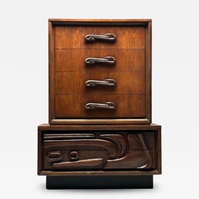  Pulaski Furniture Corporation Pulaski Brutalist Mid Century Modern Oceanic Highboy Sculpted Walnut 1960s