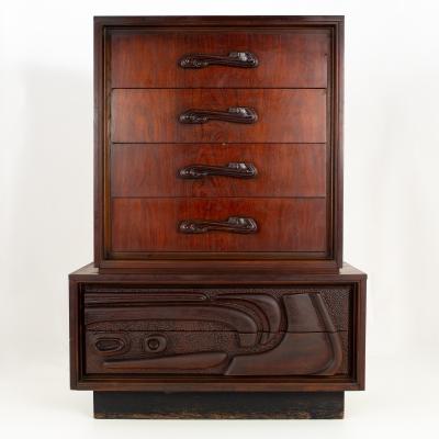  Pulaski Furniture Corporation Witco Style Pulaski Oceanic Brutalist MCM 6 Drawer Gentlemans Chest Highboy