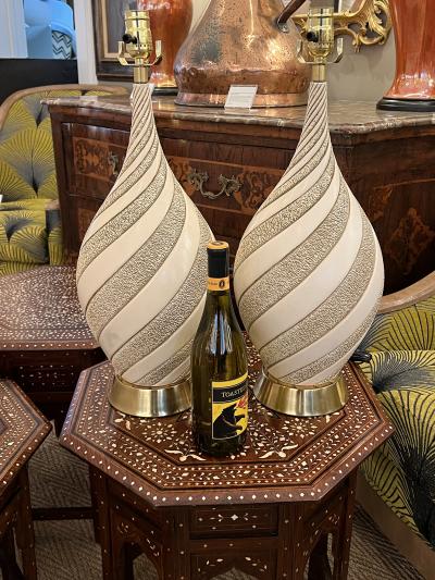  Quartite Creative Corp Signed Large Pair 1960s Ivory Glazed Spiral Lamps by Quartite Creative Corp