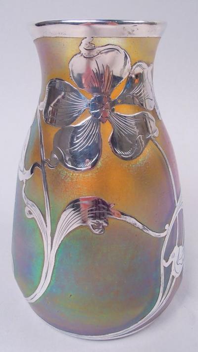  Quezal Quezal New York Art Nouveau Iridescent Silver Overlay Vase