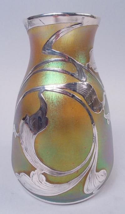  Quezal Quezal New York Art Nouveau Iridescent Silver Overlay Vase