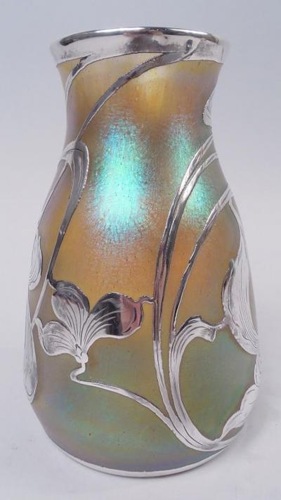  Quezal Quezal New York Art Nouveau Iridescent Silver Overlay Vase