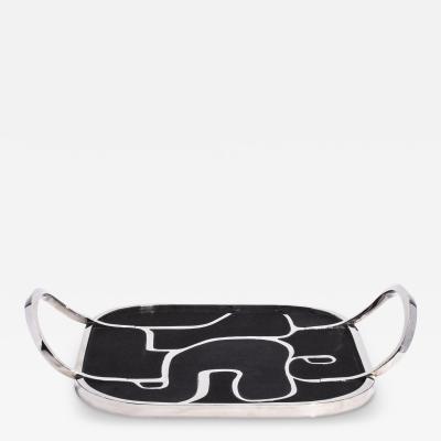  R Y Augousti Cocteau Tray in Black Shagreen with Polished Stainless Steel by R Y Augousti