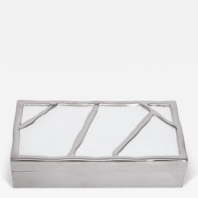  R Y Augousti Modern Box in White Shagreen with Polished Stainless Steel by R Y Augousti