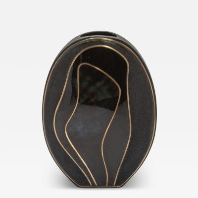  R Y Augousti Modern Vase in Shagreen with Black Shell and Brass Details by R Y Augousti