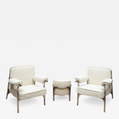  R Y Augousti Pair of Boucl Armchairs with Polished Steel Accents by R Y Augousti