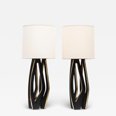  R Y Augousti Pair of Modern Lamps in Black Shagreen with Bronze Patina Brass by R Y Augousti