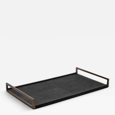  R Y Augousti Rectangular Tray in Black Shagreen with Bronze Patina Brass by R Y Augousti