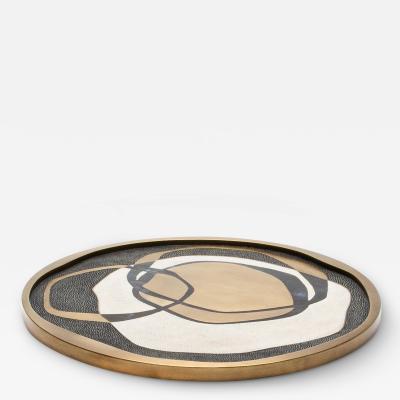  R Y Augousti Round Shagreen Tray with Blue Pen Shell and Brass Inserts by R Y Augousti