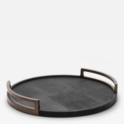  R Y Augousti Round Tray in Black Shagreen with Bronze Patina Brass by R Y Augousti