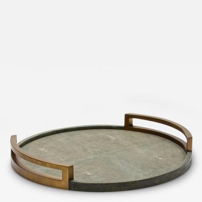  R Y Augousti Round Tray in Grey Shagreen with Bronze Patina Brass by R Y Augousti