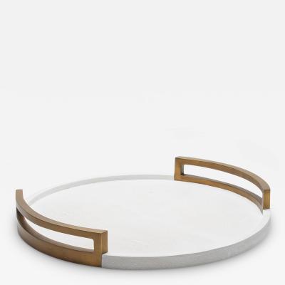  R Y Augousti Round Tray in White Shagreen with Bronze Patina Brass by R Y Augousti