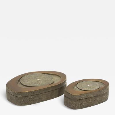  R Y Augousti Set of 2 Boxes in Grey Shagreen with Bronze Patina Brass by R Y Augousti