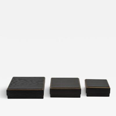  R Y Augousti Set of 3 Boxes in Black Oak with Brass Frame by R Y Augousti