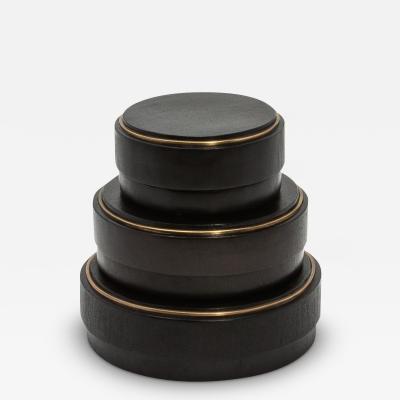  R Y Augousti Set of 3 Boxes in Black Oak with Brass Frame by R Y Augousti