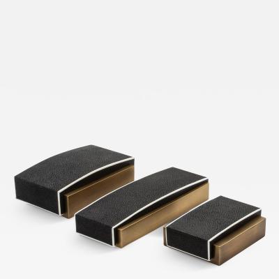  R Y Augousti Set of 3 Boxes in Black Shagreen and Bronze Patina Brass by R Y Augousti