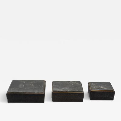 R Y Augousti Set of 3 Boxes in Black Shagreen and Quartz with Brass Frame by R Y Augousti
