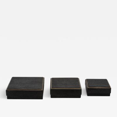  R Y Augousti Set of 3 Boxes in Black Shagreen with Brass Frame by R Y Augousti