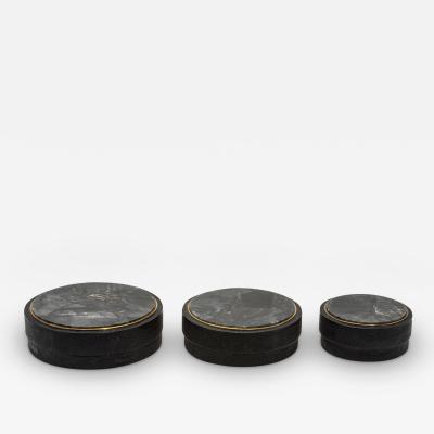  R Y Augousti Set of 3 Boxes in Shagreen and Black Quartz with Brass Frame by R Y Augousti