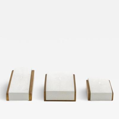  R Y Augousti Set of 3 Boxes in White Shagreen and Bronze Patina Brass by R Y Augousti