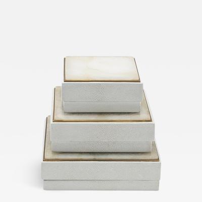  R Y Augousti Set of 3 Boxes in White Shagreen and Quartz with Brass Frame by R Y Augousti