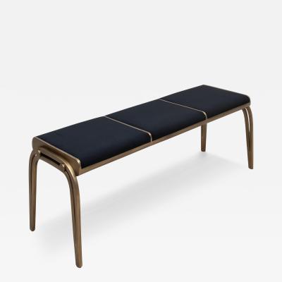  R Y Augousti Upholstered Black Velvet Bench with Bronze Patina Brass Detail by R Y Augousti